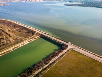 Aerial photo of the old bridge dambovita between dambovita river and morii lake , bucharest, romania