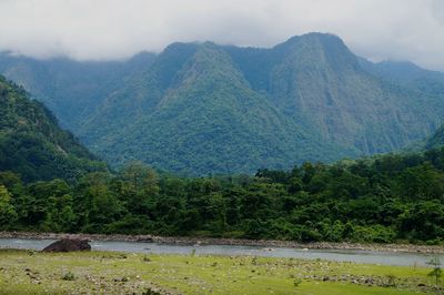 Scenic view of river by mountains against sky