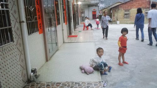 High angle view of people on street in city