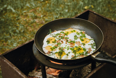 High angle view of food in pan