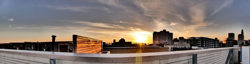 Panoramic view of buildings against sky during sunset