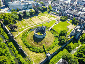 High angle view of buildings in city