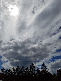 Low angle view of trees against cloudy sky