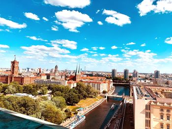 High angle view of buildings in city