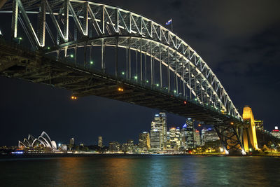 Illuminated bridge over river at night