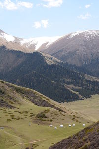 Scenic view of land and mountains against sky
