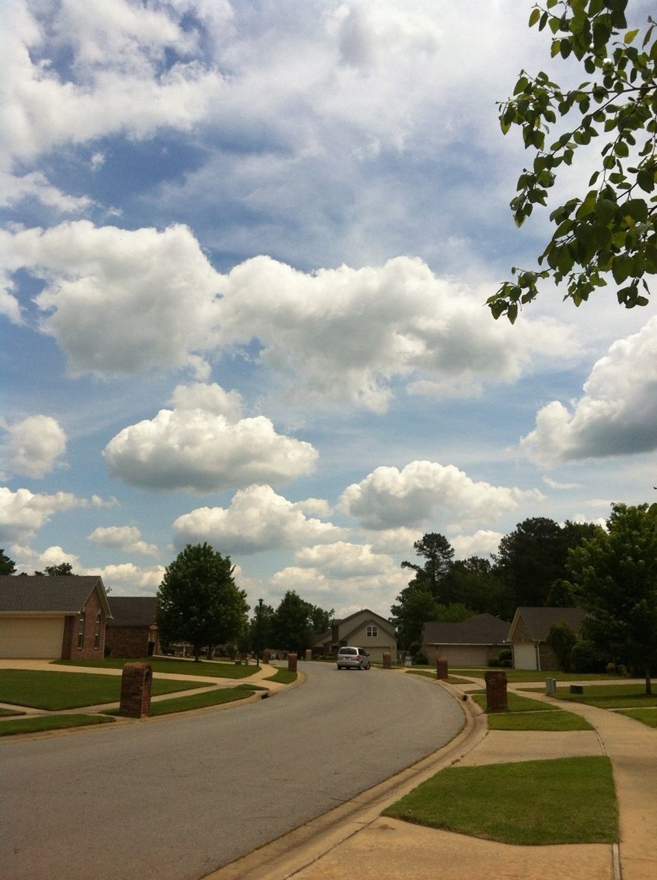 tree, sky, cloud - sky, cloud, road, built structure, grass, transportation, architecture, cloudy, the way forward, green color, day, building exterior, nature, park - man made space, outdoors, growth, sunlight, empty