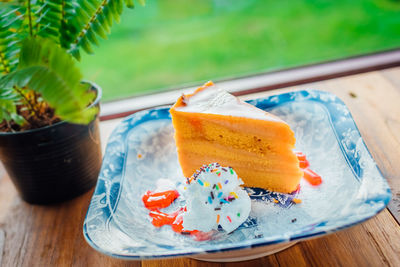 Close-up of ice cream in plate on table