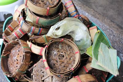 High angle view of garbage on table