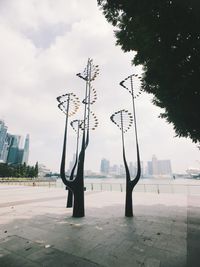 Bare trees by street against sky in city