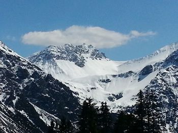 Scenic view of snow covered mountains against sky