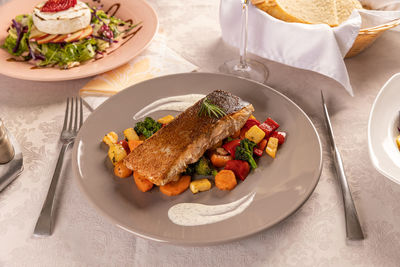 High angle view of food in plate on table