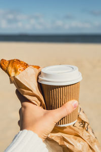 Cropped hand of woman holding food at beach