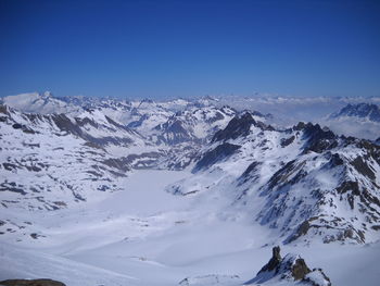 Scenic view of snowcapped mountains against clear sky