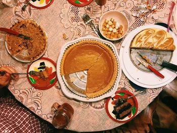 High angle view of breakfast on table