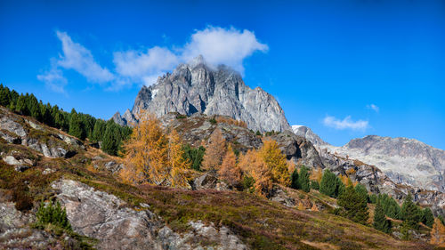 Scenic view of mountain against blue sky