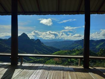 Scenic view of mountains against sky seen through window