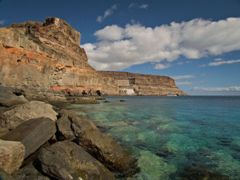 Rock formations by sea against sky