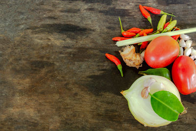 Directly above shot of chili peppers on table