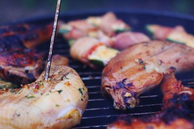 Close-up of meat on barbecue grill