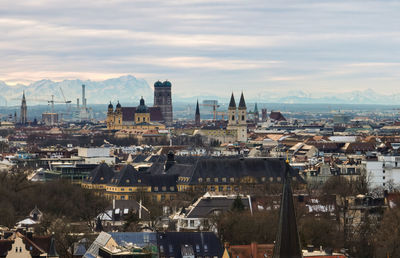 Aerial view of frauenkirche with alps panorama in munich, germany