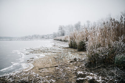 Scenic view of a frozen lake against clear sky