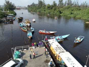 High angle view of boats moored in river