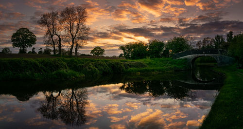 Scenic view of lake against sky at sunset