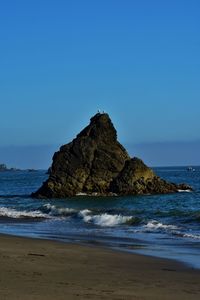 Jagged rock near ocean shore at sunset