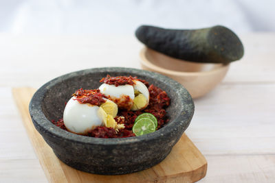 High angle view of dessert in bowl on table