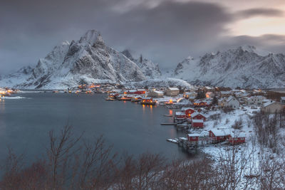 Scenic view of snowcapped mountains against sky during winter