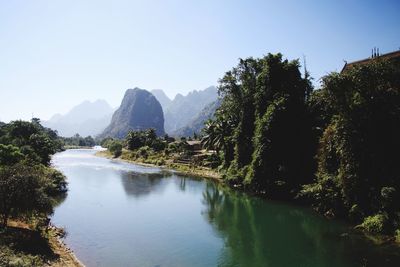 Scenic view of river amidst trees against clear sky