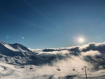 Scenic view of snow covered mountains against sky