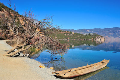 Scenic view of lake against clear blue sky