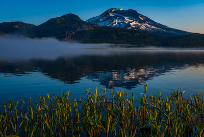 Scenic view of lake by mountains against sky