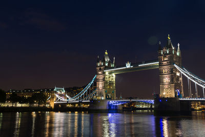 Illuminated suspension bridge at night