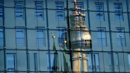 Low angle view of illuminated building at night