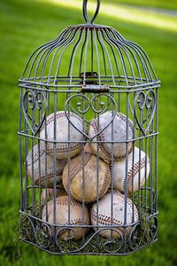 Close-up of baseballs in birdcage hanging on field