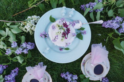 Directly above view of lilac flowers on cake with drinks over plants
