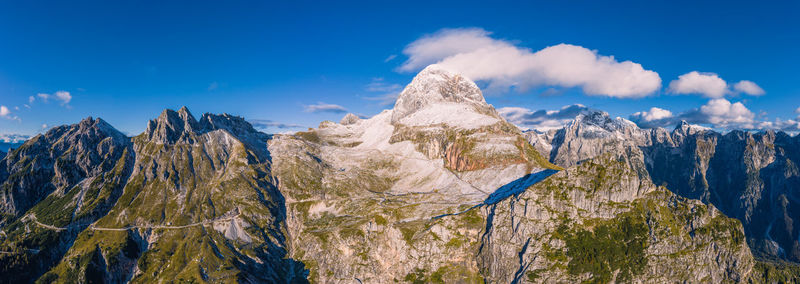 Panoramic view of snowcapped mountains against blue sky