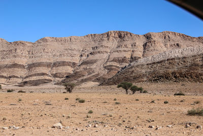 Scenic view of rocky mountains against clear sky