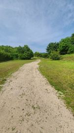 Dirt road amidst trees against sky