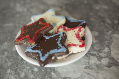 High angle view of cake in plate on table