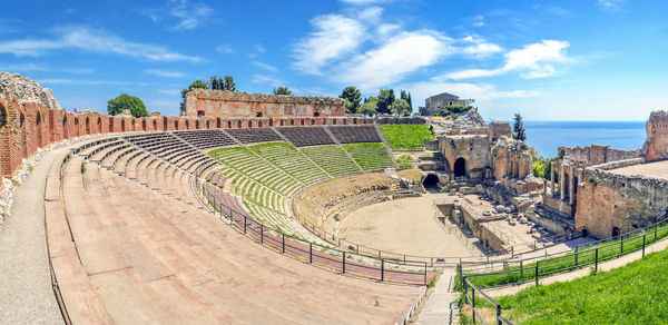 Panoramic view of old ruins against sky