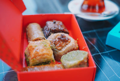 High angle view of meal served on table