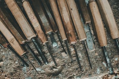 High angle view of messy wood