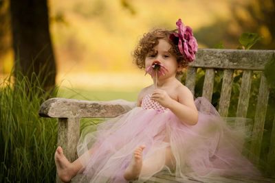 Portrait of cute girl holding coneflower while sitting on bench at park