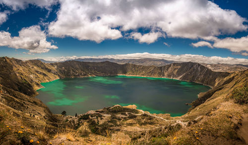 Aerial view of lake against cloudy sky