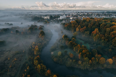 High angle view of trees on landscape against sky