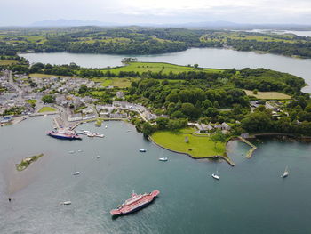 High angle view of boats moored on river against sky